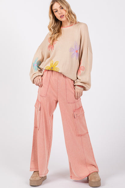 Rose Color Knit Terry Mineral Wash Wide Leg Pants - Tigbul's Variety Fashion Shop