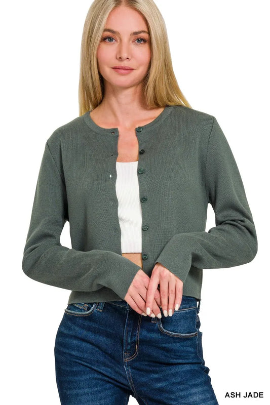 Zenana Button-Front Crewneck Long Sleeve Cropped Cardigan - Tigbul's Variety Fashion Shop