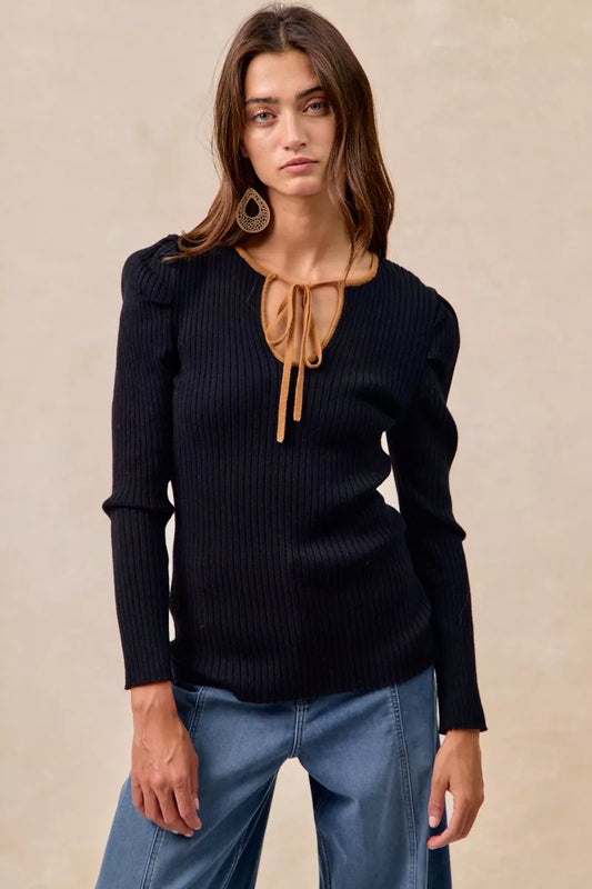 BiBi Ribbed Contrast Front Tied Top with Shrried - Tigbul's Variety Fashion Shop