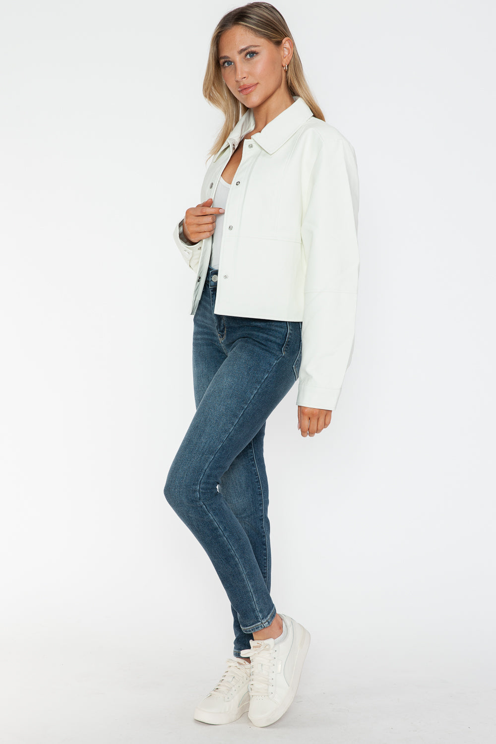 White Snap Down Long Sleeve PU Leather Jacket