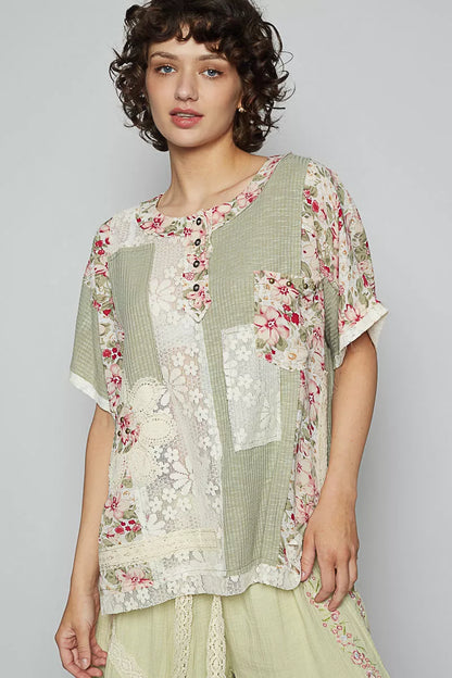POL Lace Round Neck Short Sleeve Floral Pattern Top with Patch Detail - Tigbul's Variety Fashion Shop