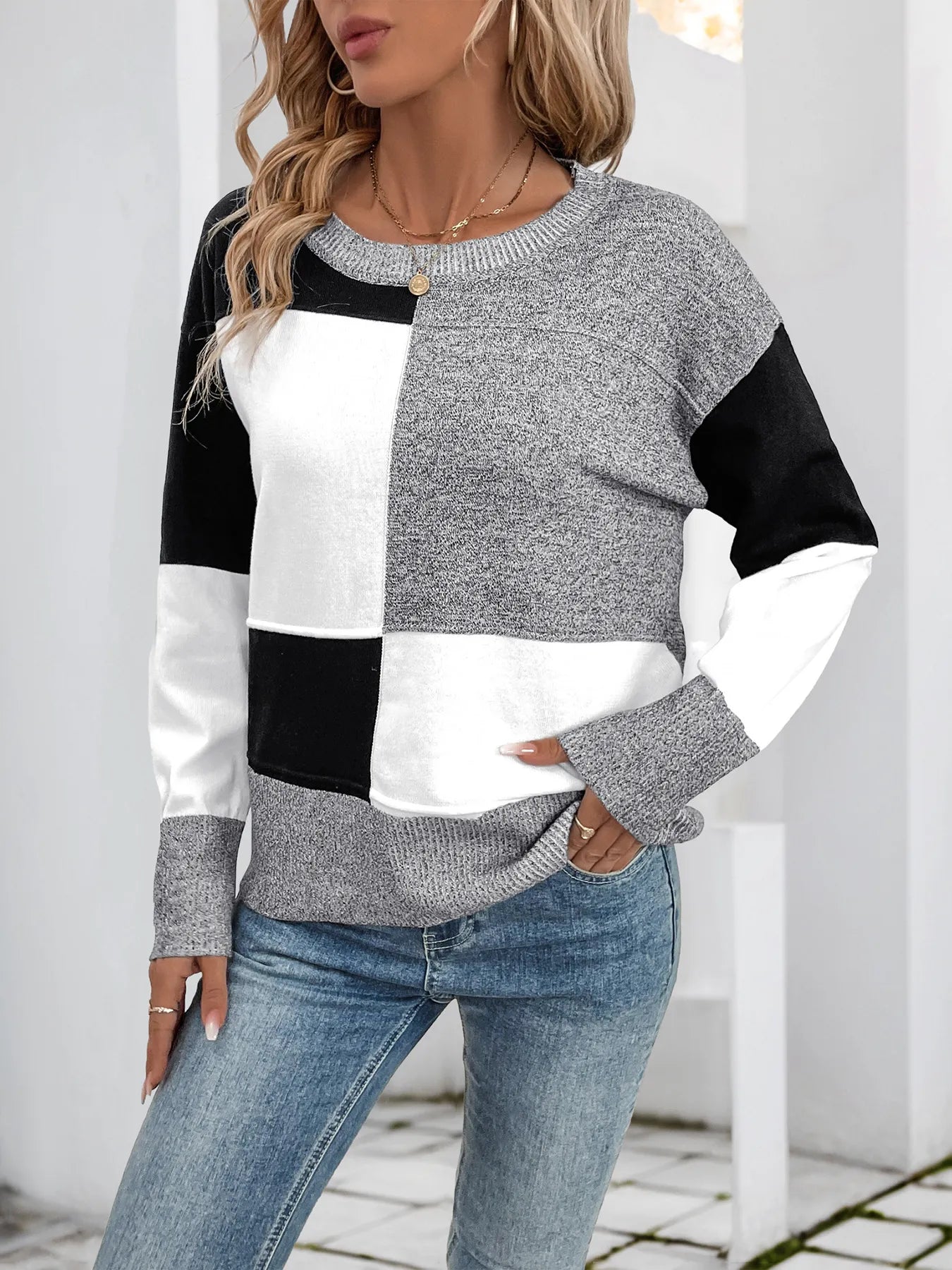 Color Block Knit Long Sleeve Sweater - Tigbul's Variety Fashion Shop