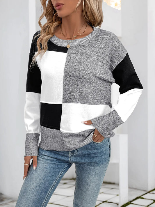 Color Block Knit Long Sleeve Sweater - Tigbul's Variety Fashion Shop