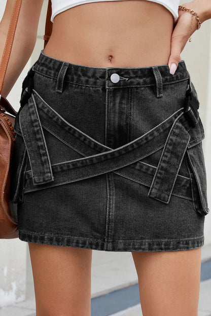 Criss-Cross Waist Detail Denim Mini Skirt - Tigbul's Variety Fashion Shop