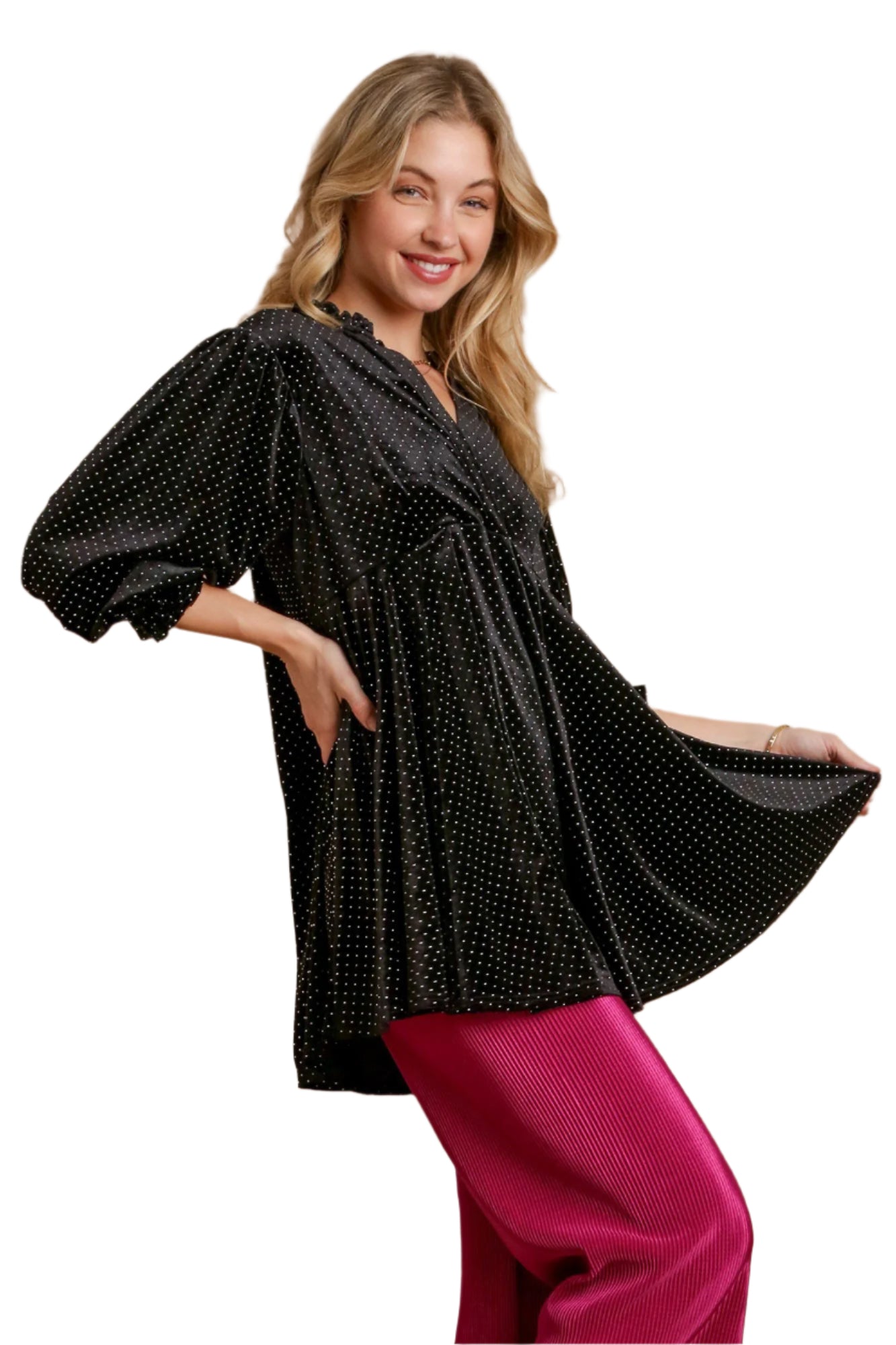 Umgee Full Size Beaded Frill Flounce Sleeve Velvet Babydoll Blouse - Tigbul's Variety Fashion Shop