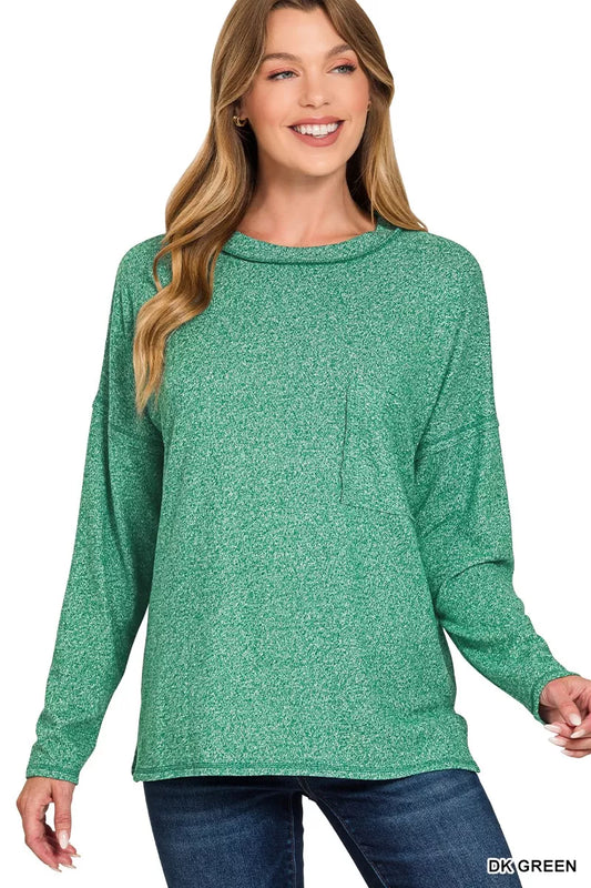 Zenana Soft Melange Hacci Round-Neck Long Sleeve T-Shirt - Tigbul's Variety Fashion Shop