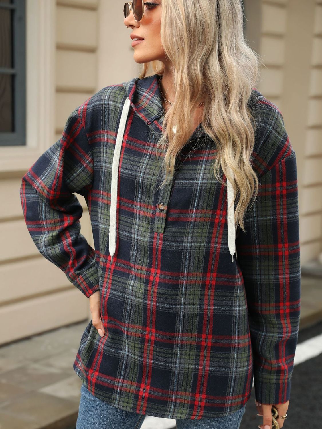 Drawstring Plaid Hooded Long Sleeve Top - Tigbul's Variety Fashion Shop