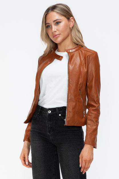 Faux Leather Zip Up Drawstring Hooded Jacket in Camel