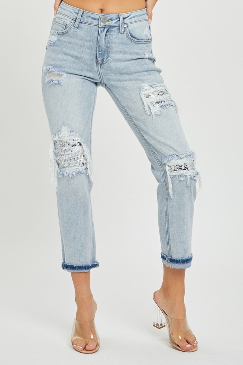 RISEN Mid-Rise Sequin Patched Jeans - Tigbul's Variety Fashion Shop