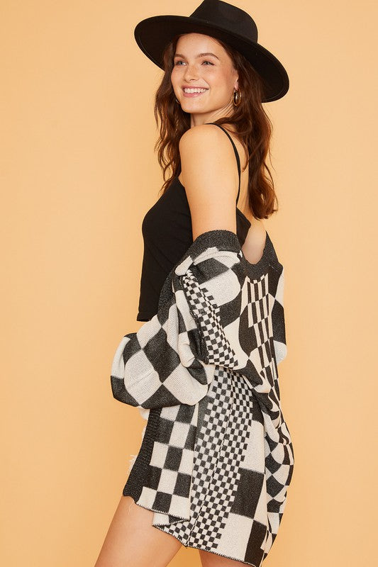 Black Checkered Open Front Drop Shoulder Cardigan - Tigbul's Variety Fashion Shop