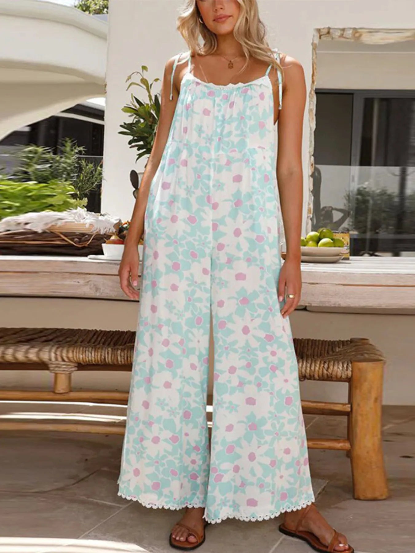 Floral Spaghetti Strap Wide Leg Jumpsuit - Tigbul's Variety Fashion Shop