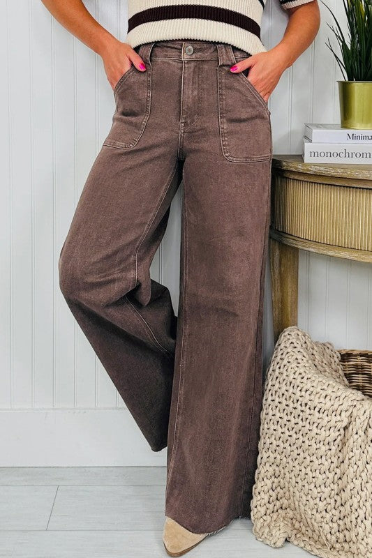 Dark brown washed patch loose jeans with wide leg and patch pockets
