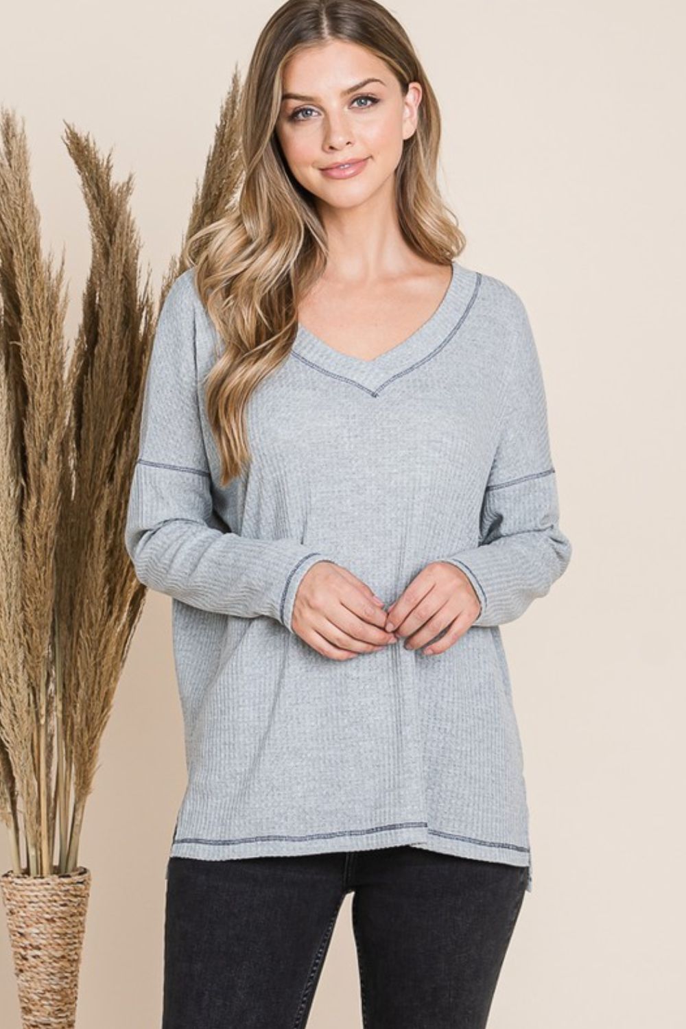 Reborn J V Neck Long Sleeve Top - Tigbul's Variety Fashion Shop