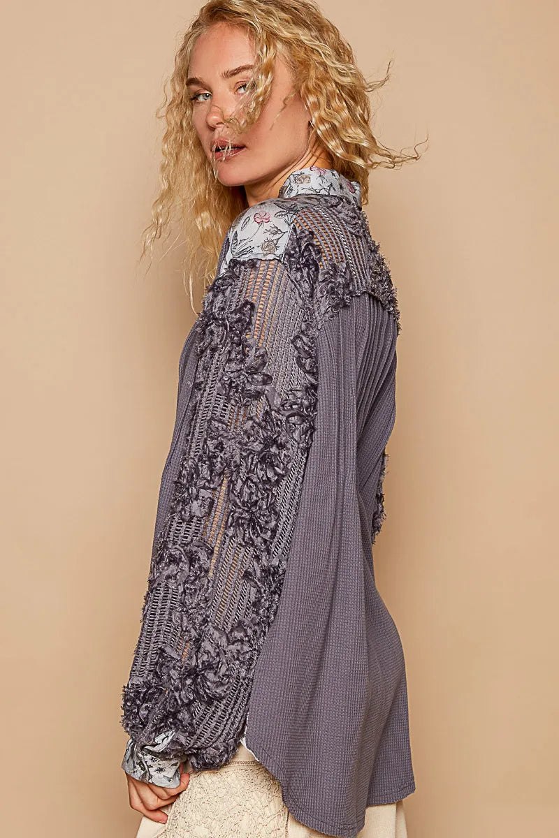 POL Floral Half Button Lace Detail Long Sleeve Top - Tigbul's Variety Fashion Shop