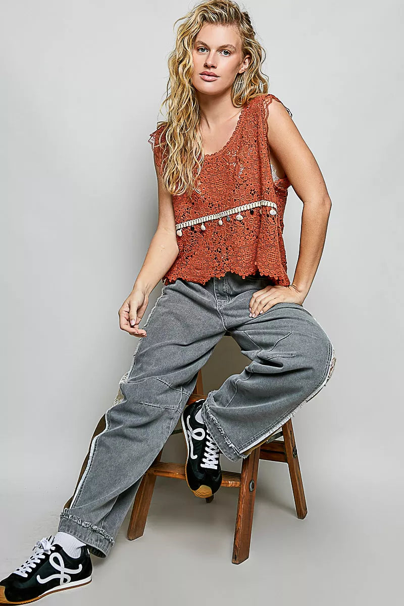 POL Lace Trim Openwork V-Neck Crochet Tank with Scalloped Edge - Tigbul's Variety Fashion Shop