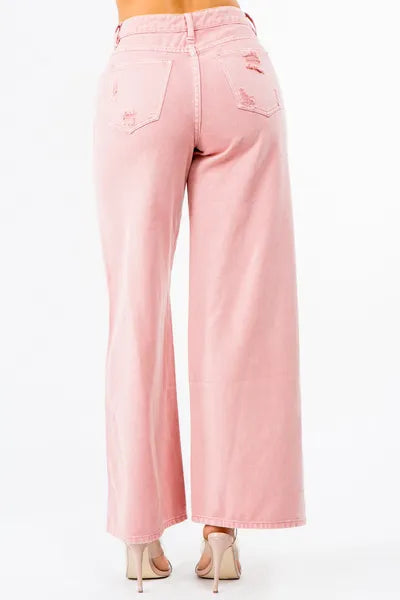 Pink High Waist Distressed Wide Leg Jeans | Tigbuls Variety