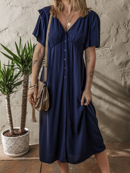 V Neck Buttoned Front Shirred Back Short Sleeve Midi Dress - Tigbul's Variety Fashion Shop