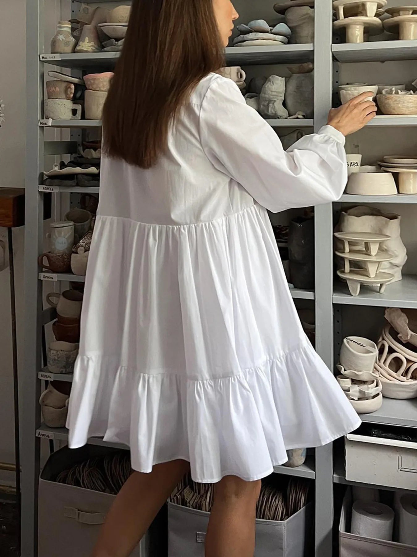 Tiered Long Sleeve Shirt Dress - Tigbul's Variety Fashion Shop