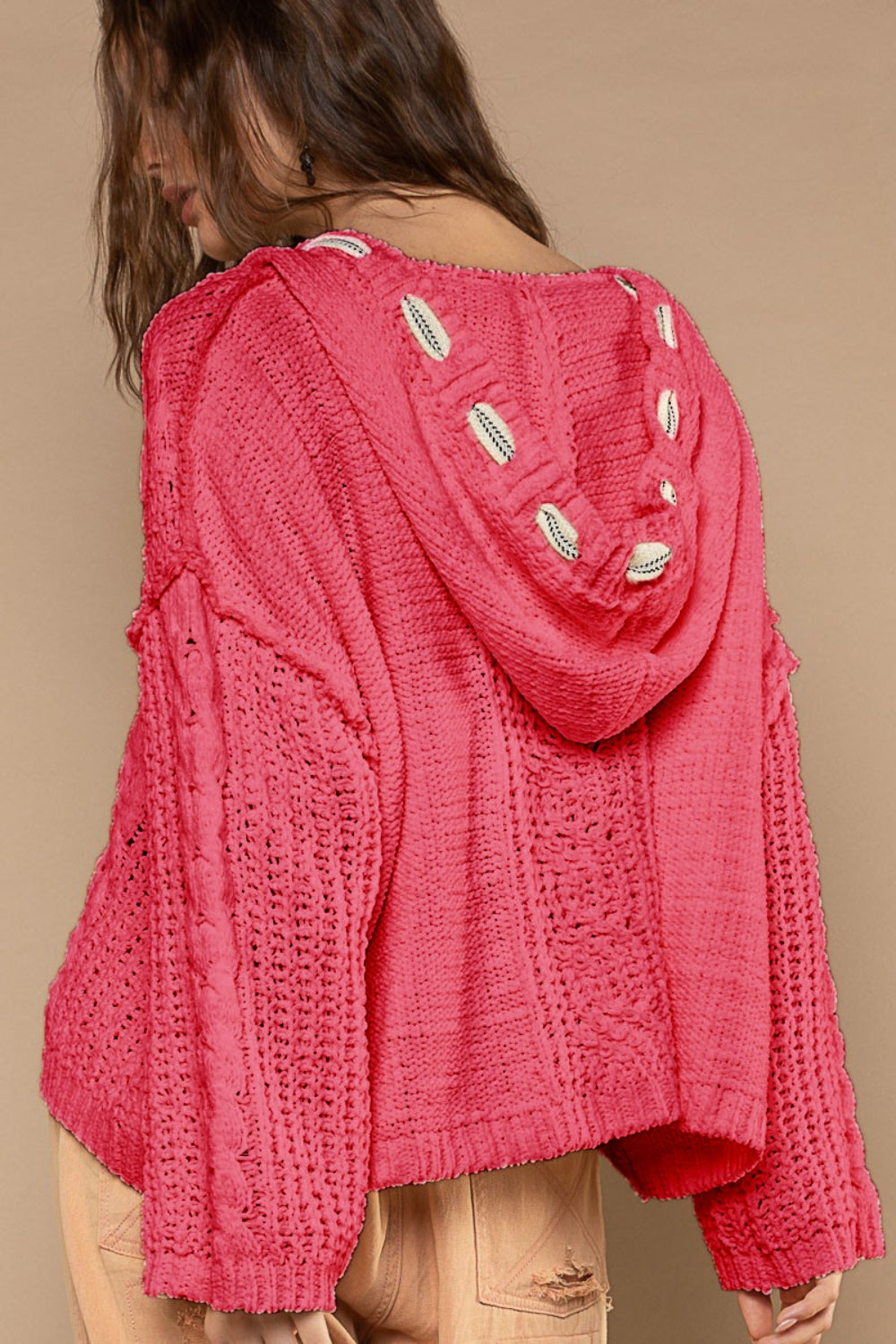 Cable Knit Hooded Fuchsia Chenille Sweater - Tigbul's Variety Fashion Shop