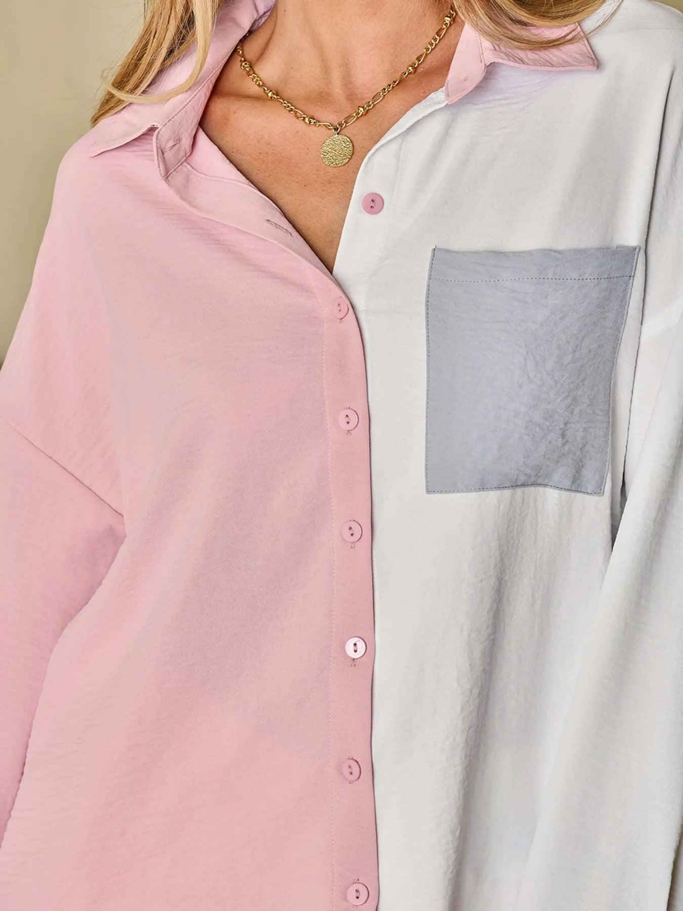 Color Block Oversized Button-Up Shirt with Chest Pocket - Tigbul's Variety Fashion Shop