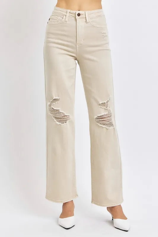 High-waist wide-leg jeans in bone with distressed knee rips