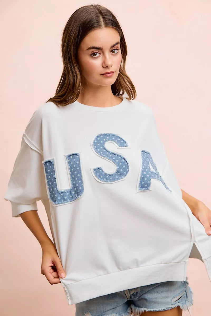 USA Letter Patchwork White French Terry Top Women's | Tigbuls Fashion