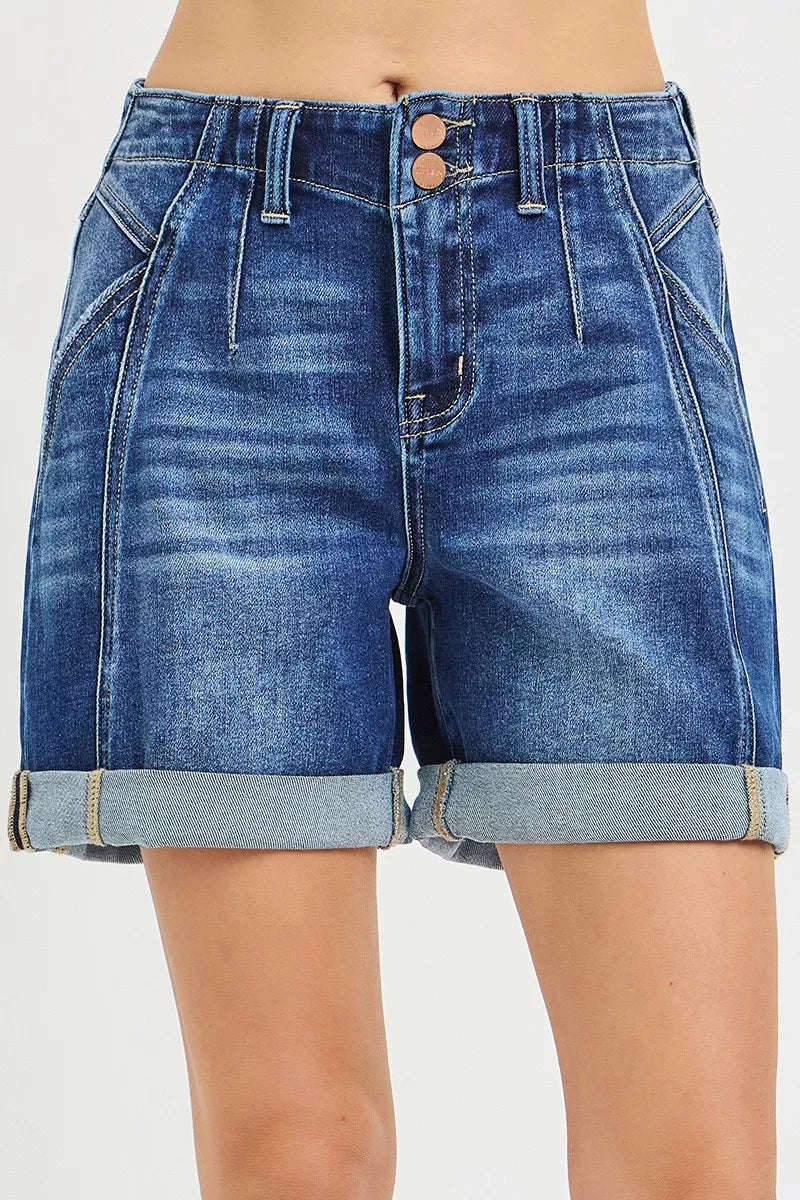 Risen High Rise Roll-Up denim shorts, dark blue wash, button-front and belt loops