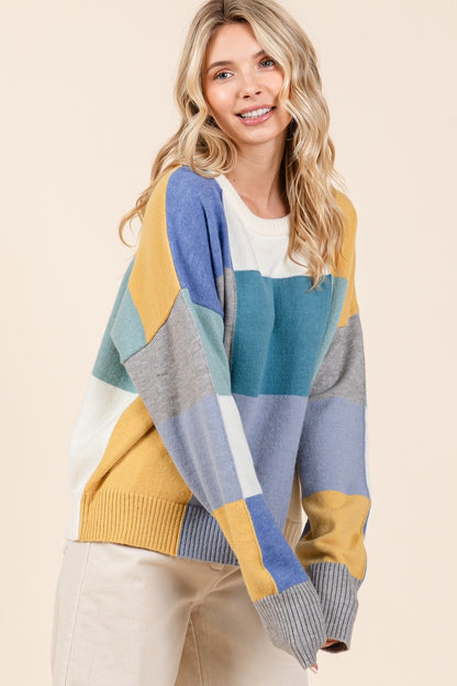 Color Block Round Neck Sweater - Tigbul's Variety Fashion Shop