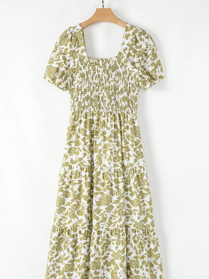 Boho Floral Square Neck Smocked Bust Puff Sleeve Tiered Dress - Tigbul's Variety Fashion Shop