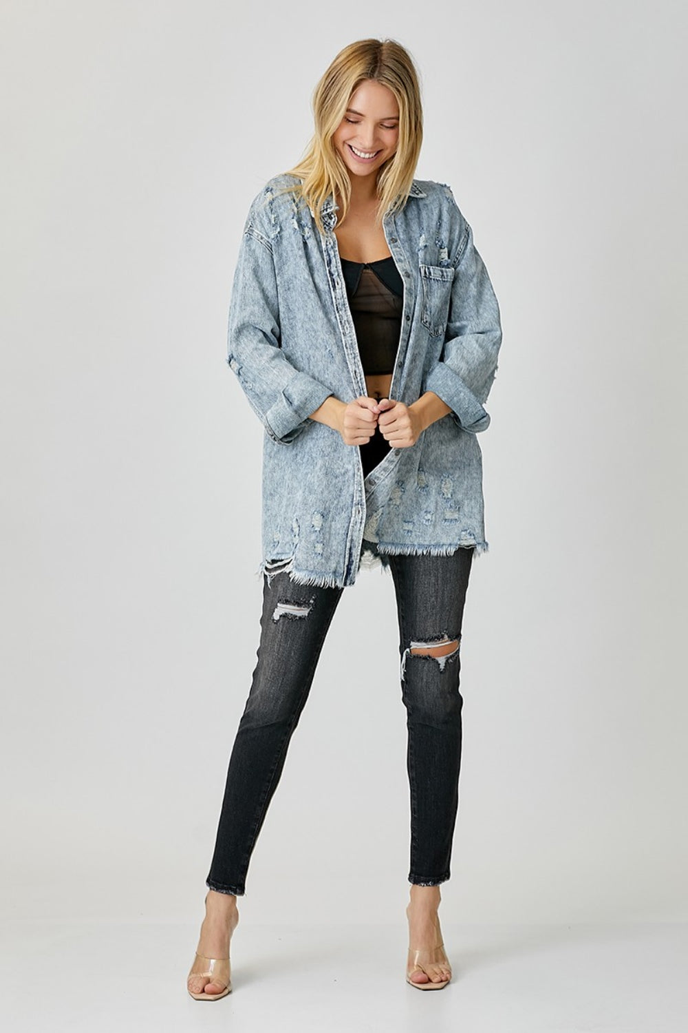 RISEN Distressed Raw Hem Denim Shirt - Tigbul's Variety Fashion Shop