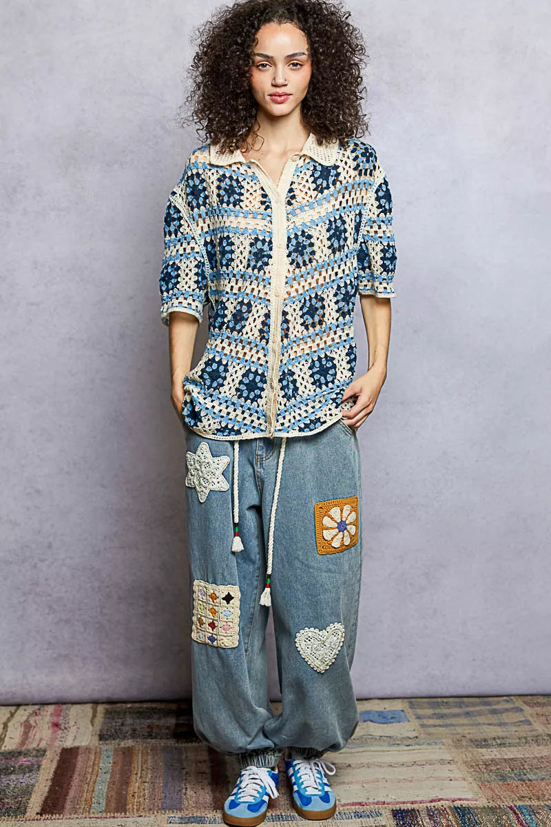 POL Openwork Short Sleeve Crochet Shirt with Border Accents - Tigbul's Variety Fashion Shop