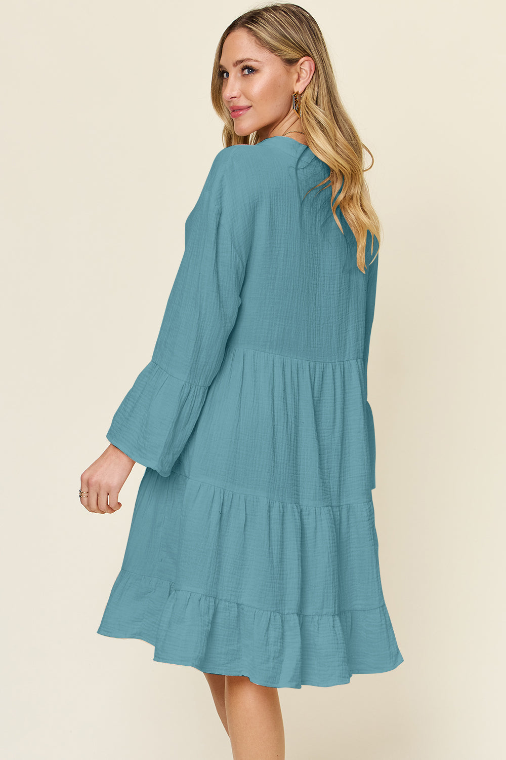 Double Take Full Size Texture Button Up Ruffle Hem Dress - Tigbul's Variety Fashion Shop