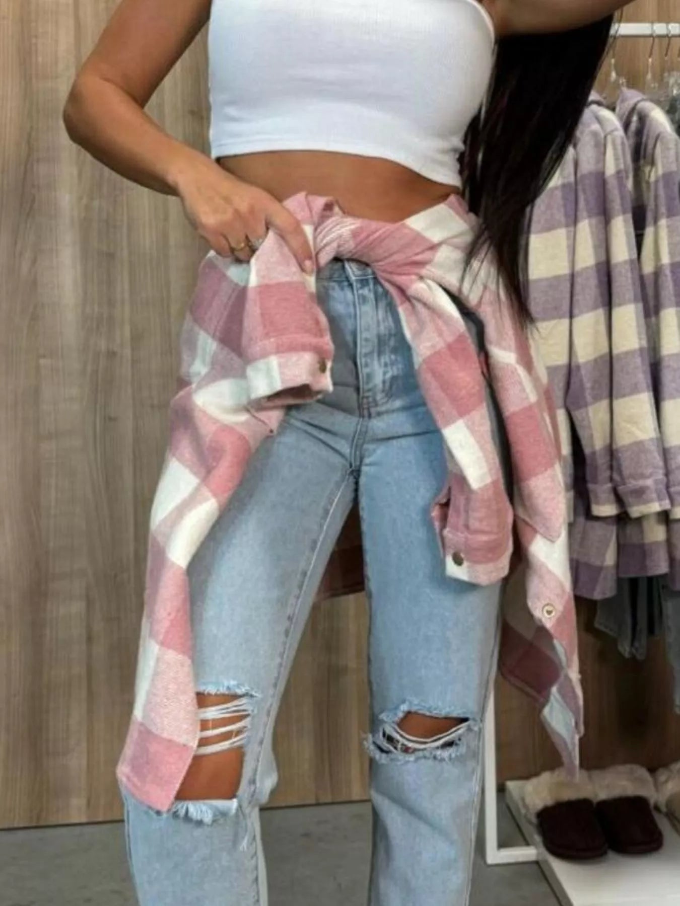 Plaid Button-Down Long Sleeve Shacket - Tigbul's Variety Fashion Shop