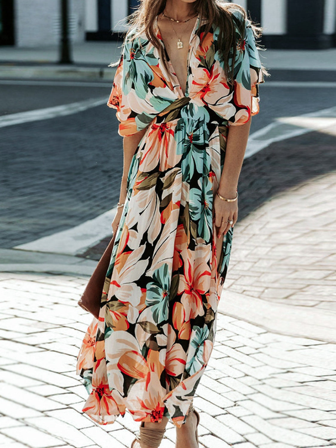 Floral Plunge Half Sleeve Dress - Tigbuls Variety Fashion