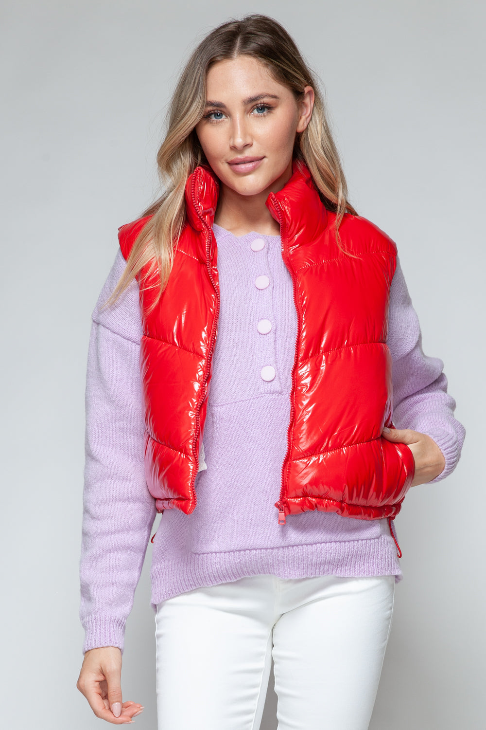 Red Zip Up Turtleneck Shiny Quilted Vest - Tigbul's Variety Fashion Shop