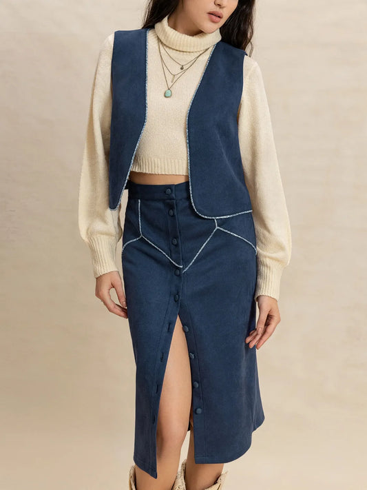 Open Front Vest and Buttoned Skirt Set - Tigbul's Variety Fashion Shop