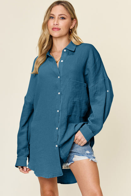 Double Take Full Size Pocketed Texture Button Up Shirt - Tigbul's Variety Fashion Shop