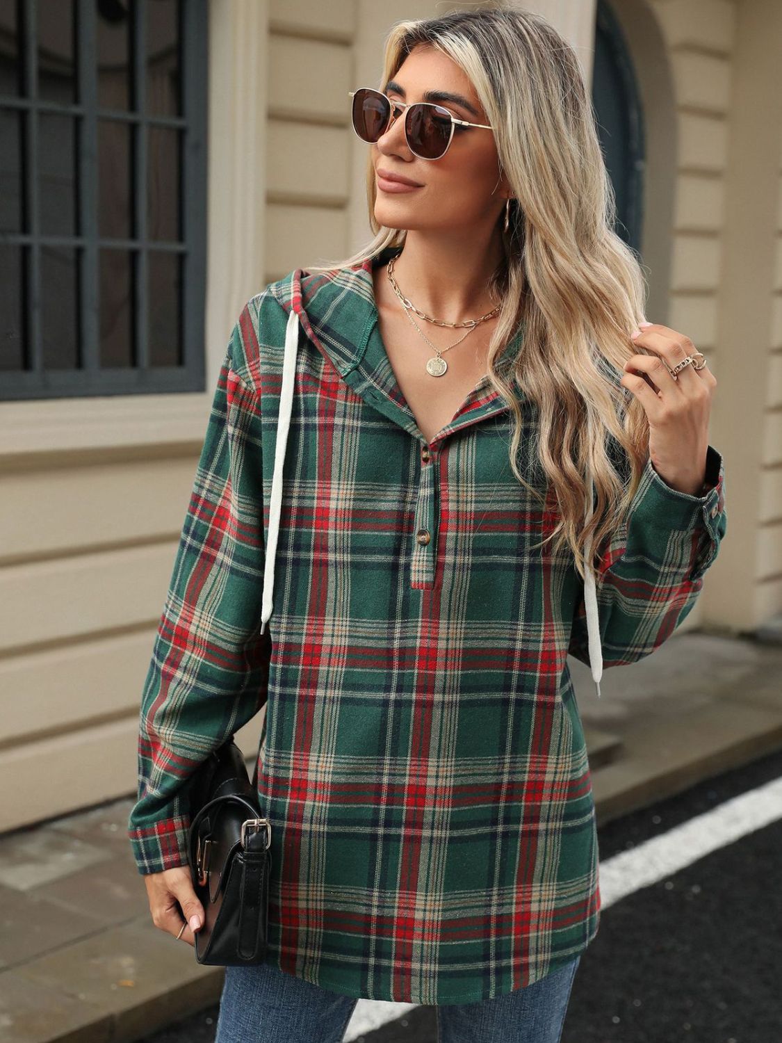 Drawstring Plaid Hooded Long Sleeve Top - Tigbul's Variety Fashion Shop