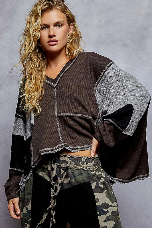 POL High-Low Hem Contrast Stitching V-Neck Top - Tigbul's Variety Fashion Shop