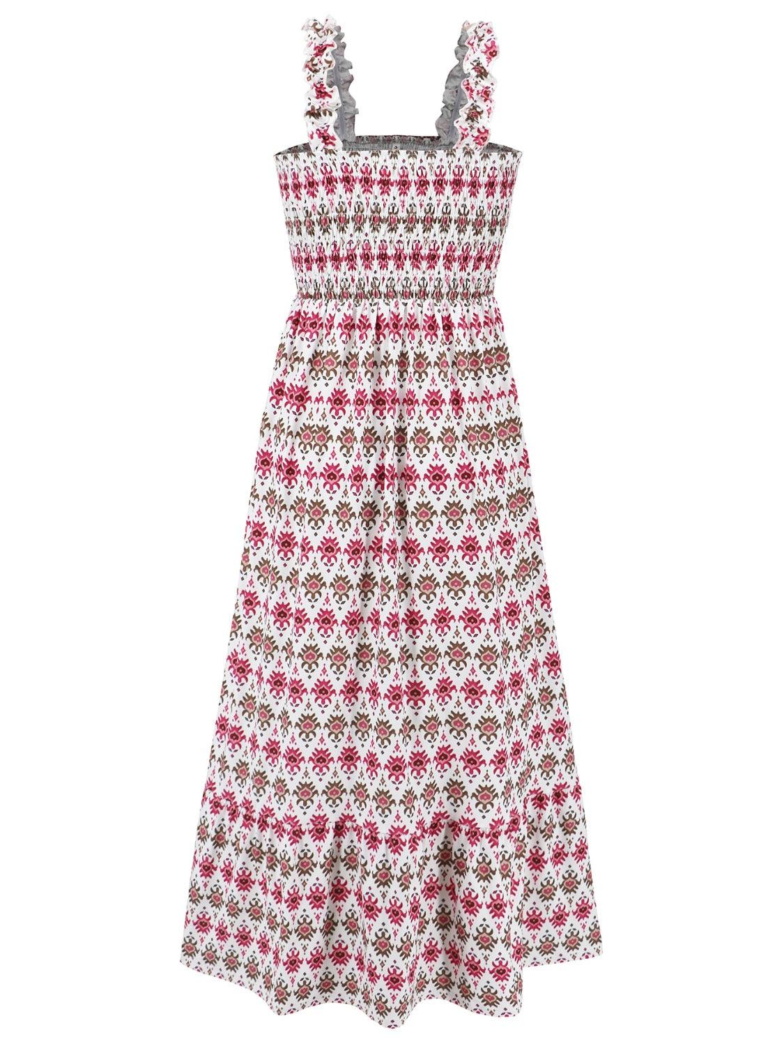 Smocked Printed Square Neck Sleeveless Dress - Tigbuls Variety Fashion