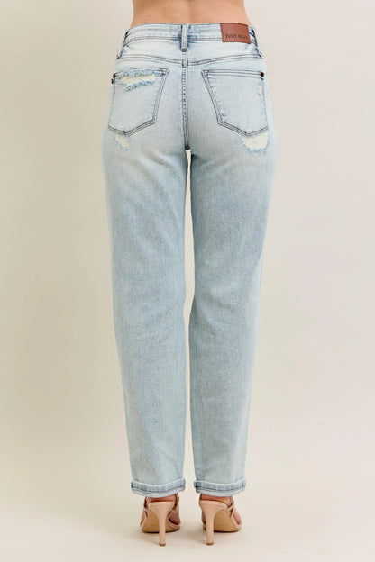 Judy Blue Full Size Mr Repair Stitch Detail Destroy Single Cuff Bf Jeans Plus Size - Tigbul's Variety Fashion Shop