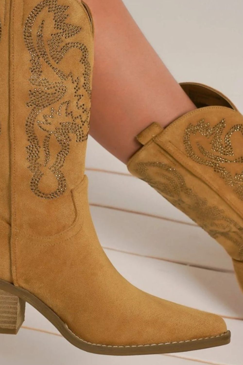 Brown Rhinestone Detail Point Toe Boots - Tigbul's Variety Fashion Shop