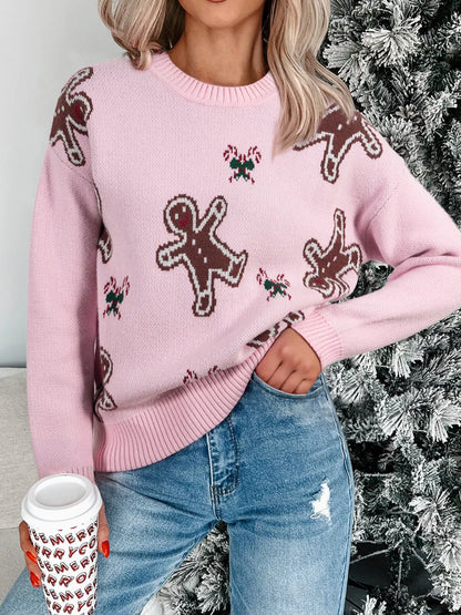 Christmas Ginger Bread Man Round Neck Casual Sweater - Tigbul's Variety Fashion Shop