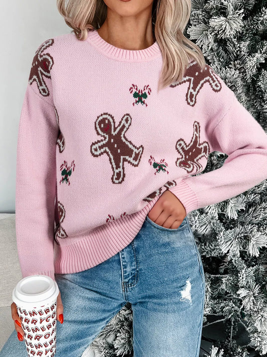Christmas Ginger Bread Man Round Neck Casual Sweater - Tigbul's Variety Fashion Shop