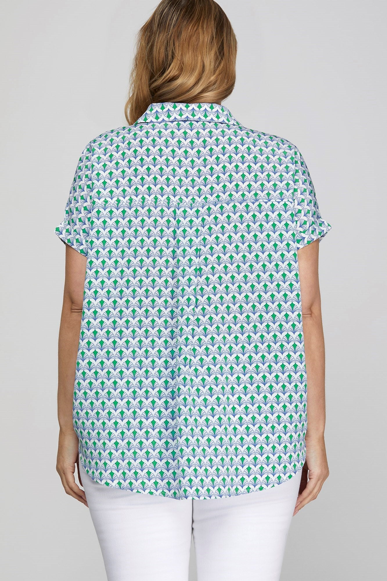 She + Sky Full Size Printed Johnny Collar Short Sleeve Blouse Plus Size - Tigbul's Variety Fashion Shop