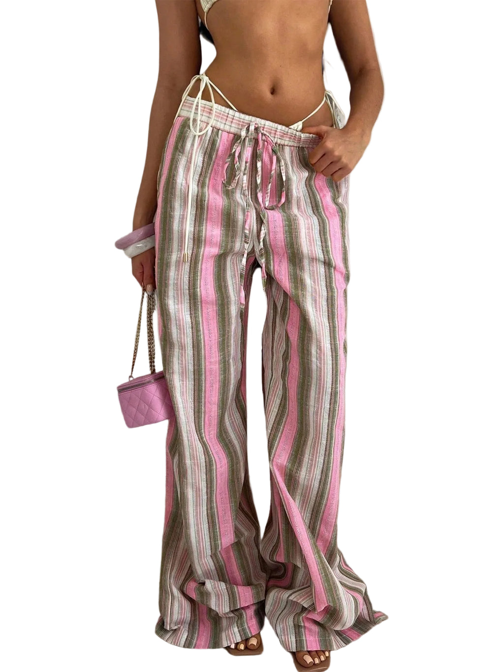 Pink multicolor vertical striped wide-leg lounge pants with roomy relaxed fit