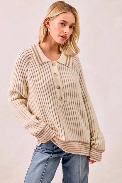 BiBi Half Button Ribbed Two Tone Sweater - Tigbul's Variety Fashion Shop