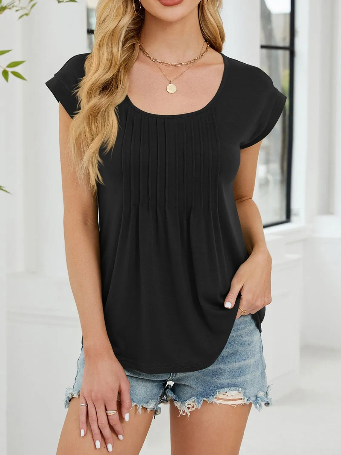 Pleated Front Scoop Neck T-Shirt - Tigbul's Variety Fashion Shop