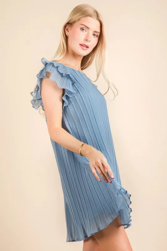 Blue Plus Size Ruffle Sleeve Pleated Woven Mini Dress - Tigbul's Variety Fashion Shop