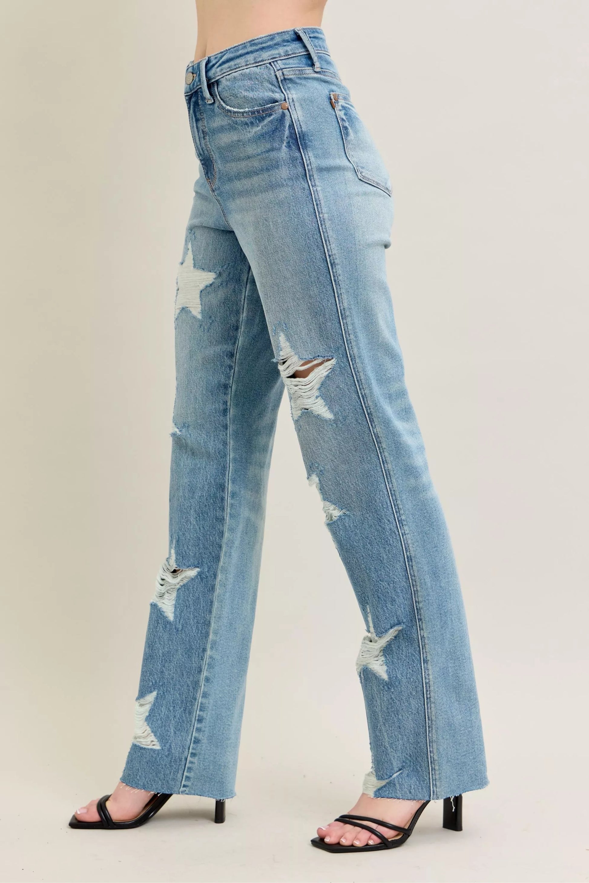 Judy Blue Full Size High Waist  Rigid Magic Star Shaped Destroy 90's Straight Jeans Plus Size - Tigbul's Variety Fashion Shop